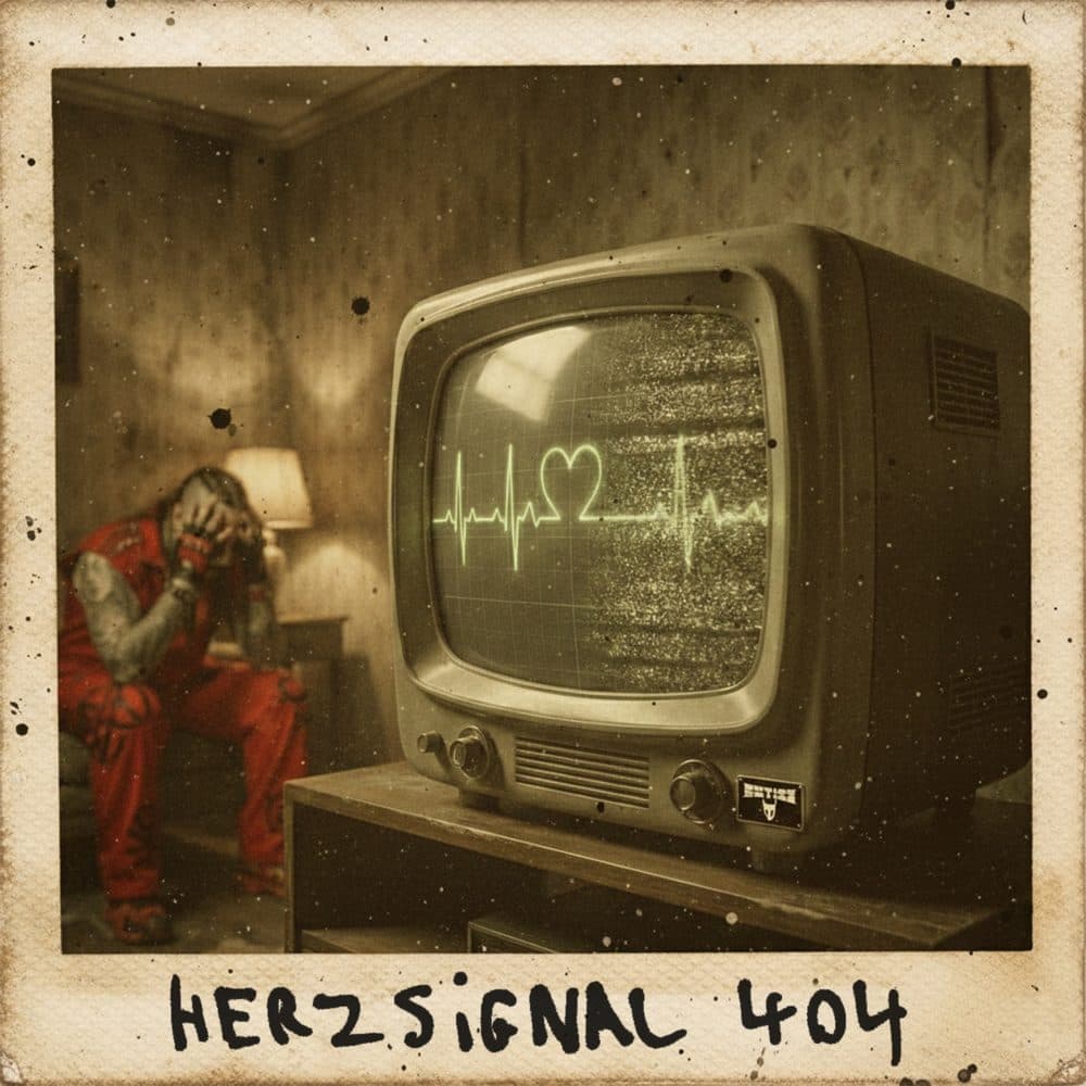 HERZSIGNAL 404 cover art: Rapha Hell slumped beside an old television showing a heartbeat line
